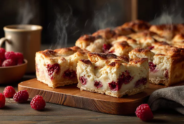 Быстрый ягодно-творожный пирог к чаю – нежное тесто, сочная малина и кремовая творожная сеточка