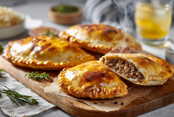 Шикарные пирожки с мясом – сочнее не бывает! Хрустящее тесто, мясо с рисом и куча лука – бомба, а не пирожки