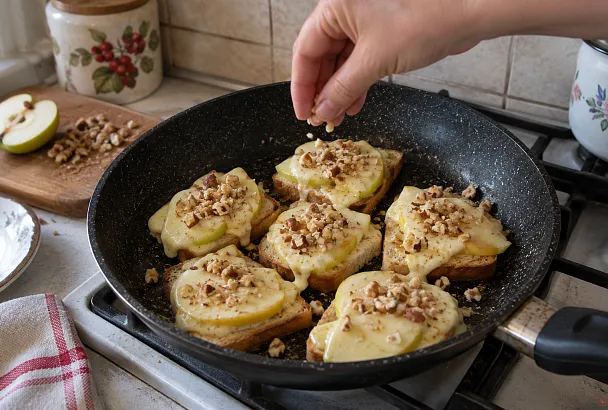 Кладём яблоко на хлеб и посыпаем сыром: горячие бутерброды выходят хрустящими и сочными