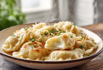 Вареники с картошкой на картофельном отваре: замесила тесто на горячем отваре, и оно не рвётся при лепке