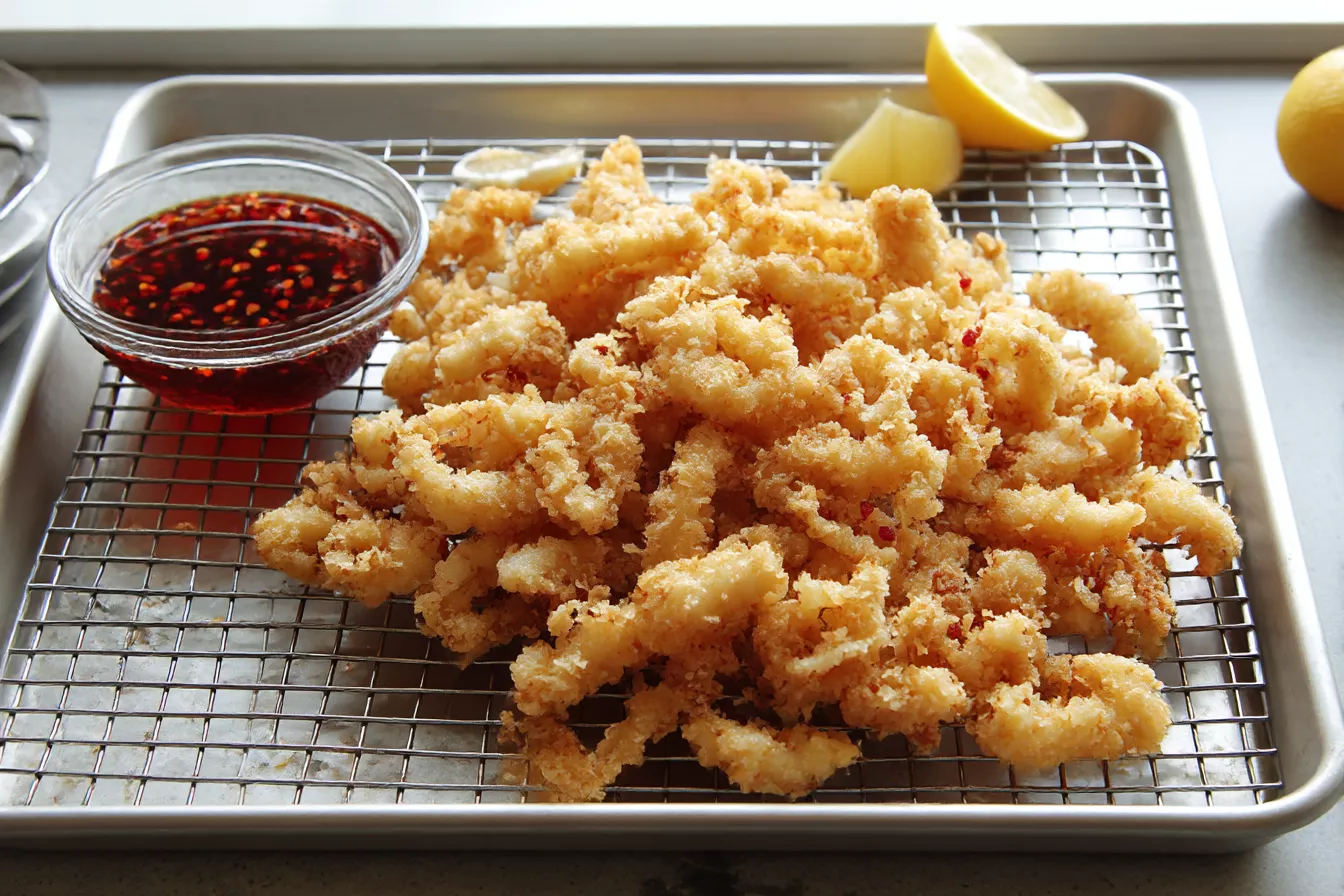 Хрустящие кольца кальмара в панировке с чесноком и острым соусом