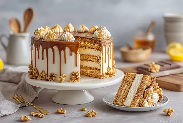 Торт «Мишка на Севере»: хрустящее песочное тесто, ореховая меренга и нежнейший крем под шоколадной глазурью