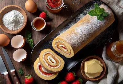 Взбиваю яйца с сахаром, пеку корж 17 минут — и сворачиваю большой бисквитный рулет к чаю