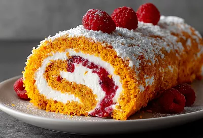 Морковный рулет с малиной и кремом – пышный, сочный, тает во рту