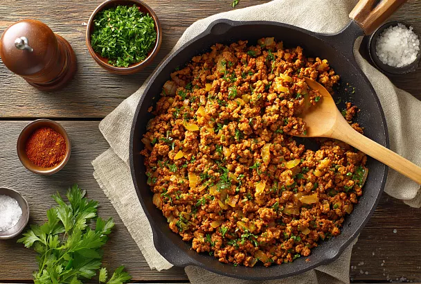Беру 1 кг фарша и лук — готовлю универсальную мясную начинку, которую замораживаю и использую весь месяц