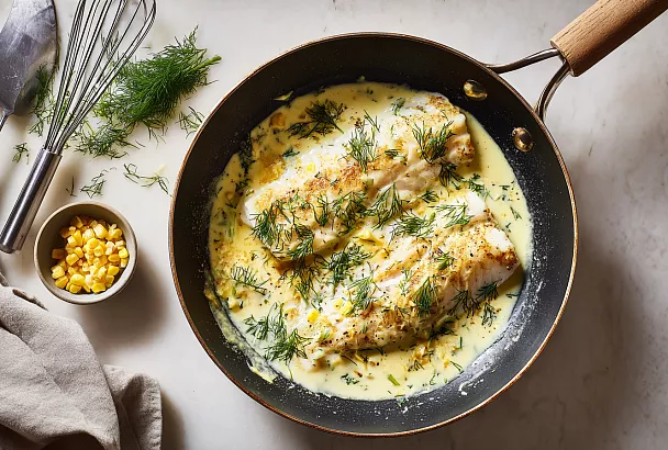 Минтай в соусе бешамель с укропом: быстро, нежно, из заморозки