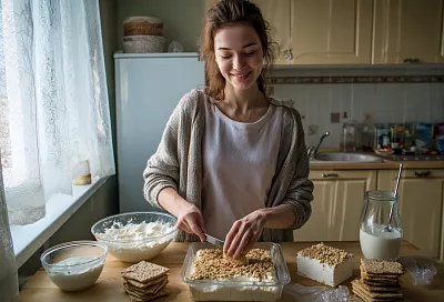 Торт без духовки за 7 минут: творожный слой и печенье под ореховой крошкой