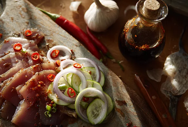 Сало по-корейски: маринованное в уксусе с томатной пастой