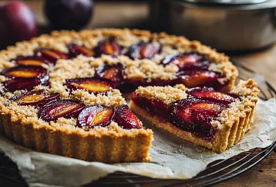 Сливовый пирог на песочном тесте: крошка, карамель и сочная начинка