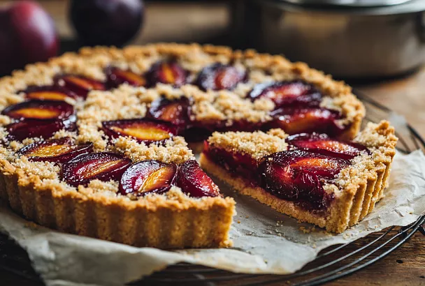 Сливовый пирог на песочном тесте: крошка, карамель и сочная начинка