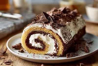 Бисквитный рулет «Тирамису»: кофейная пропитка, маскарпоне и шоколад