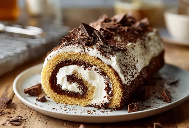Бисквитный рулет «Тирамису»: кофейная пропитка, маскарпоне и шоколад