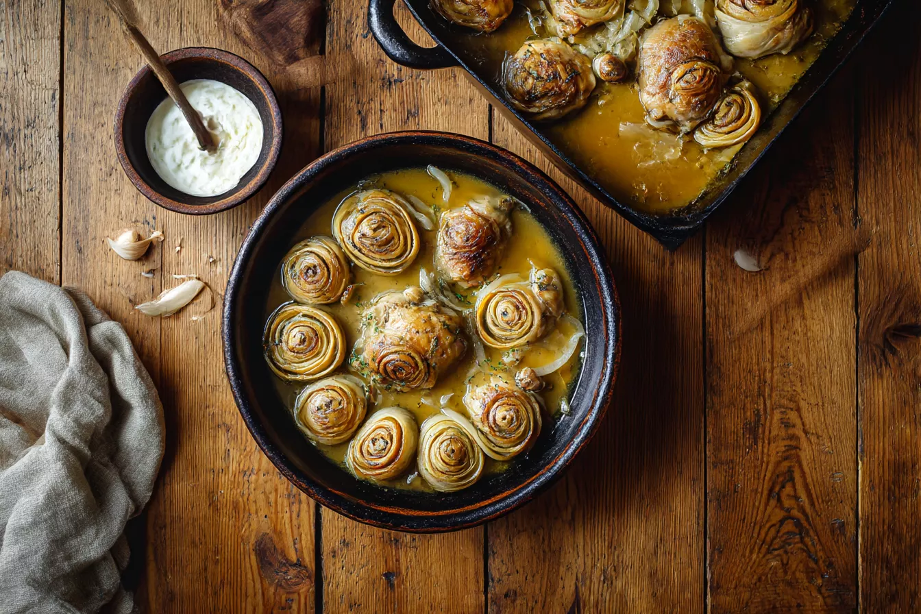 Куриные бёдра с луковыми рулетиками в бульоне. рецепт родом из девяностых