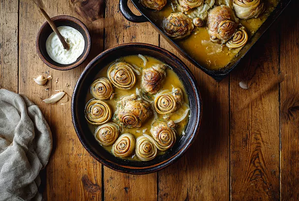Куриные бёдра с луковыми рулетиками в бульоне. рецепт родом из девяностых