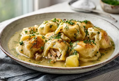 Штрудели-галушки на кефире с мясом и картошкой: добавила топлёное масло в тесто, и они получились воздушными с золотистой корочкой