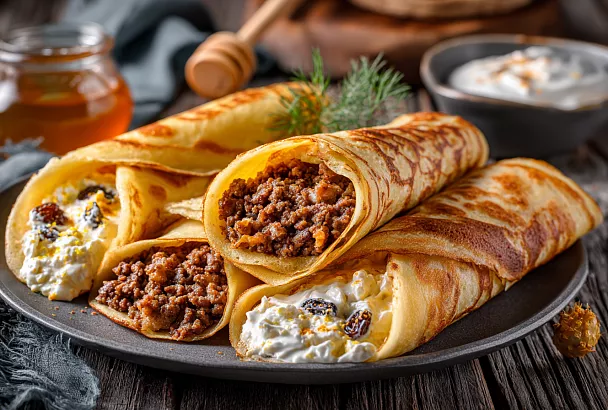 Нежные блинчики с двумя начинками: тонкие, как шёлк, с сочным мясом и кремовым творогом 
