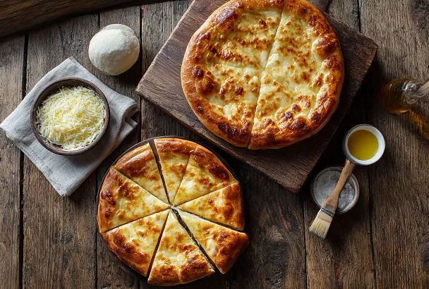 Хачапури по-мегрельски, которым удобно делиться: тонкое тесто и сыр и внутри, и сверху