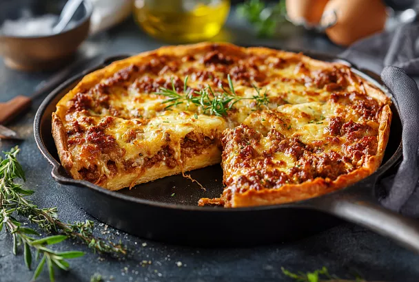 Пирог-пицца на сковороде с фаршем и сыром: сочный, ароматный и без лишних хлопот