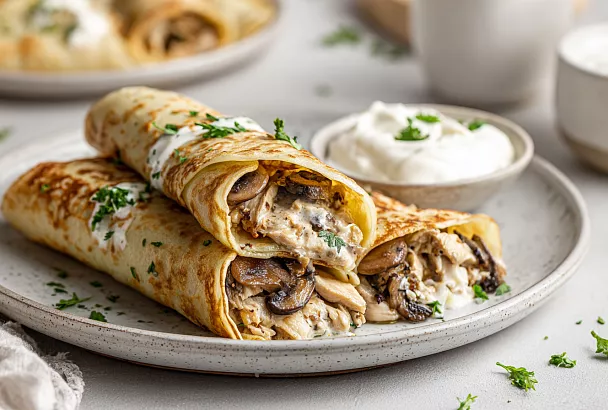 Блинчики с курицей и грибами: сочная начинка, просто и по-домашнему вкусно