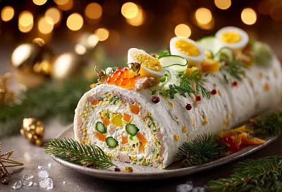 Новогодний рулет-оливье: тот самый вкус, но выглядит как настоящий праздничный торт
