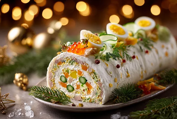 Новогодний рулет-оливье: тот самый вкус, но выглядит как настоящий праздничный торт