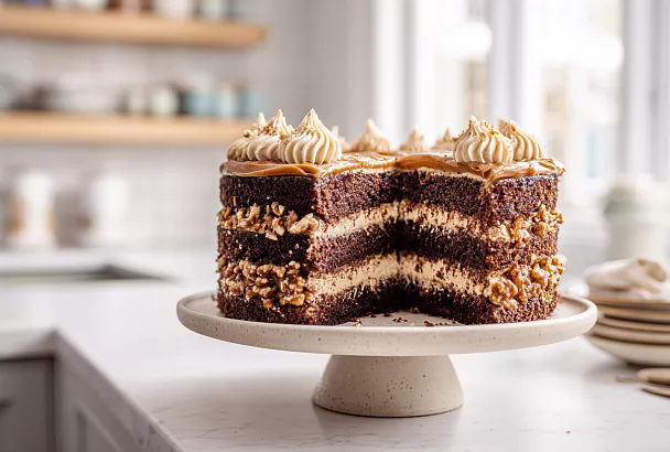 Торт на сковороде за 15 минут: мягкие коржи, карамельно-шоколадный крем и орехи