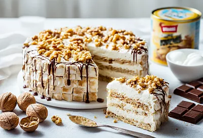 Торт из меренги «на щелчок»: хрустящие «орешки» и крем со сгущёнкой