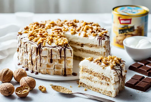 Торт из меренги «на щелчок»: хрустящие «орешки» и крем со сгущёнкой