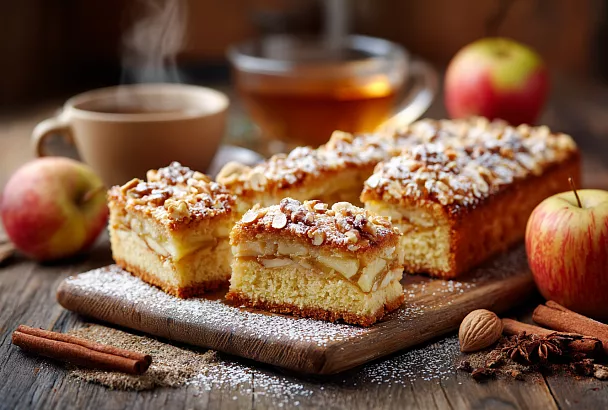 Осенний яблочный пирог-крем: нежный бисквит, пюре из килограмма яблок и хрустящие орешки – тает во рту, как заварной крем, и исчезает за вечер!