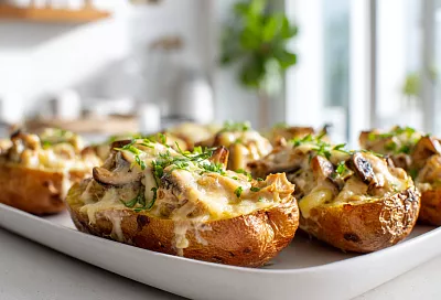 Картофельные лодочки с курицей и грибами получились невероятно сочными: больше никаких гарниров не готовлю