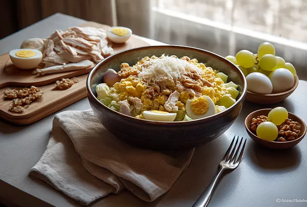 Ленивый салат «Тиффани» с курицей и виноградом за считаные минуты