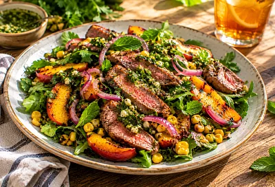 Жарю стейк и персики, добавляю кукурузу и зелень: летний салат от шеф-повара