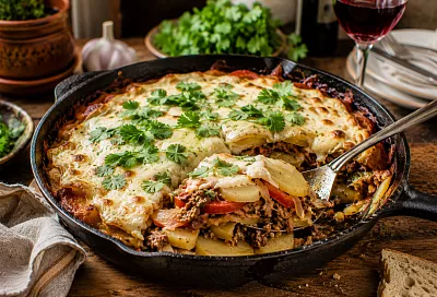 Выкладываю картошку слоями с фаршем и томлю под крышкой: мясо по-французски готовлю без духовки
