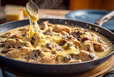 Жюльен с курицей и грибами: добавила муку в мясо, и соус получился густым без комков