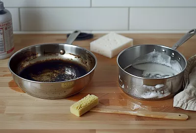 Нагар уходит сам: 2 ст. л. соды + 2 ст. л. жидкого мыла + 1 ст. л. лимонной кислоты — кипятим и оттираем без усилий