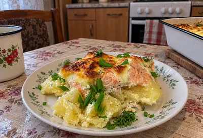 Картофель с красной рыбой под сыром: заливаем сливочным соусом и запекаем
