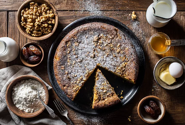 Пирог-торт на сковороде: десерт без духовки с орехово-финиковой начинкой
