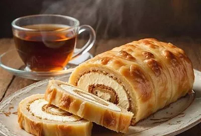 Эклер пеку  одним коржом: получается нежный рулет с заварным кремом без хлопот