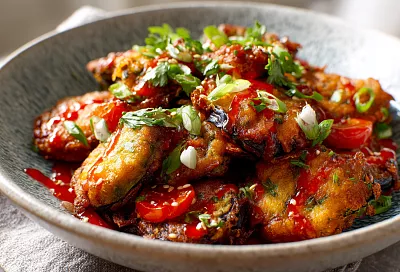 Хрустящие баклажаны с соусом sweet chili и томатами