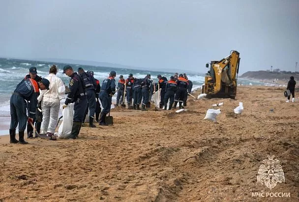 Глава МЧС России и губернатор Кубани проинспектировали очистку пляжей Анапы отновых выбросов мазута
