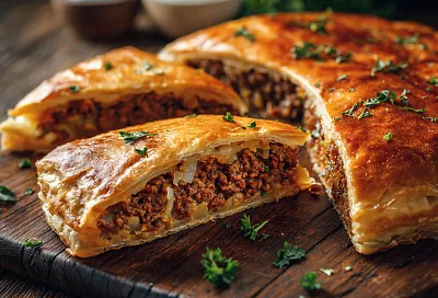 Заливной пирог с фаршем и квашеной капустой на сковороде