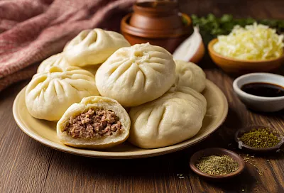 Замешиваю простое дрожжевое тесто — и через час на пару стоят пышные пигоди с говядиной и капустой