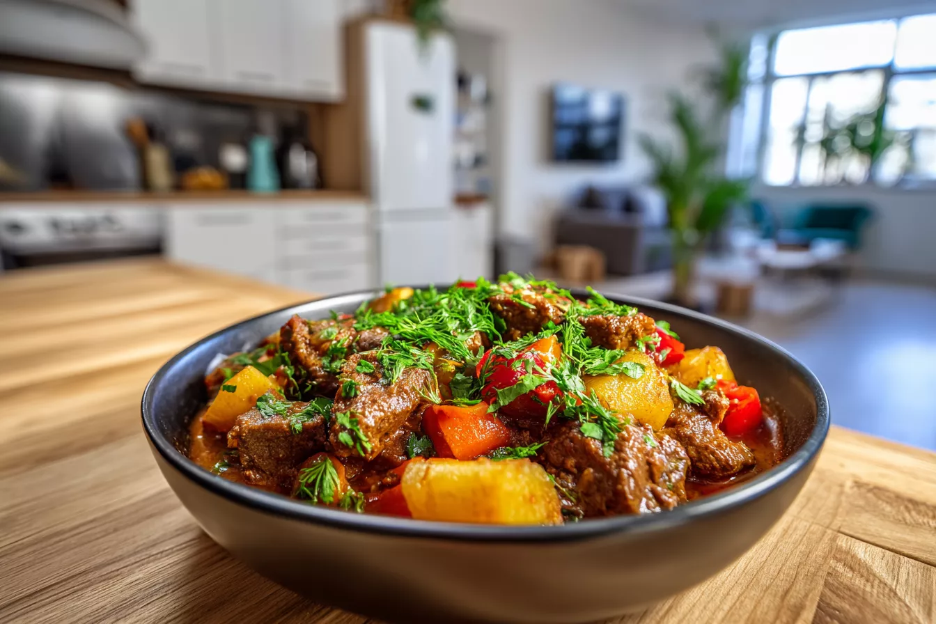 Жаркое по-узбекски: обжарили мясо на сильном огне с луком и специями, а потом тушили с овощами — все соки остались внутри