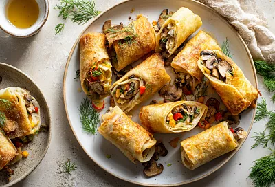 Рулетики из лаваша с грибами и перцем – сочная начинка, хрустящая корочка, 12 штук за 20 минут