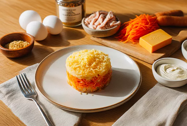 Разбираю курицу на волокна и слоями собираю салат с копчёным сыром — получается нежный Афоня без майонеза