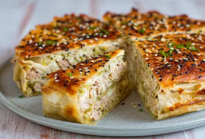 Пирог из лаваша с тунцом и сыром: хрустящий снаружи, сочный внутри — готов за 30 минут