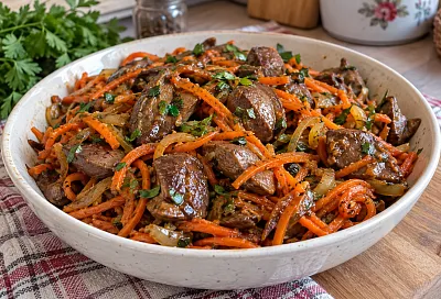 Обжариваем куриную печень и добавляем корейскую морковь: закуска «Огонёк» выходит пикантной и сочной