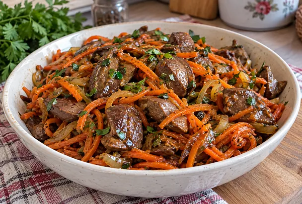 Обжариваем куриную печень и добавляем корейскую морковь: закуска «Огонёк» выходит пикантной и сочной