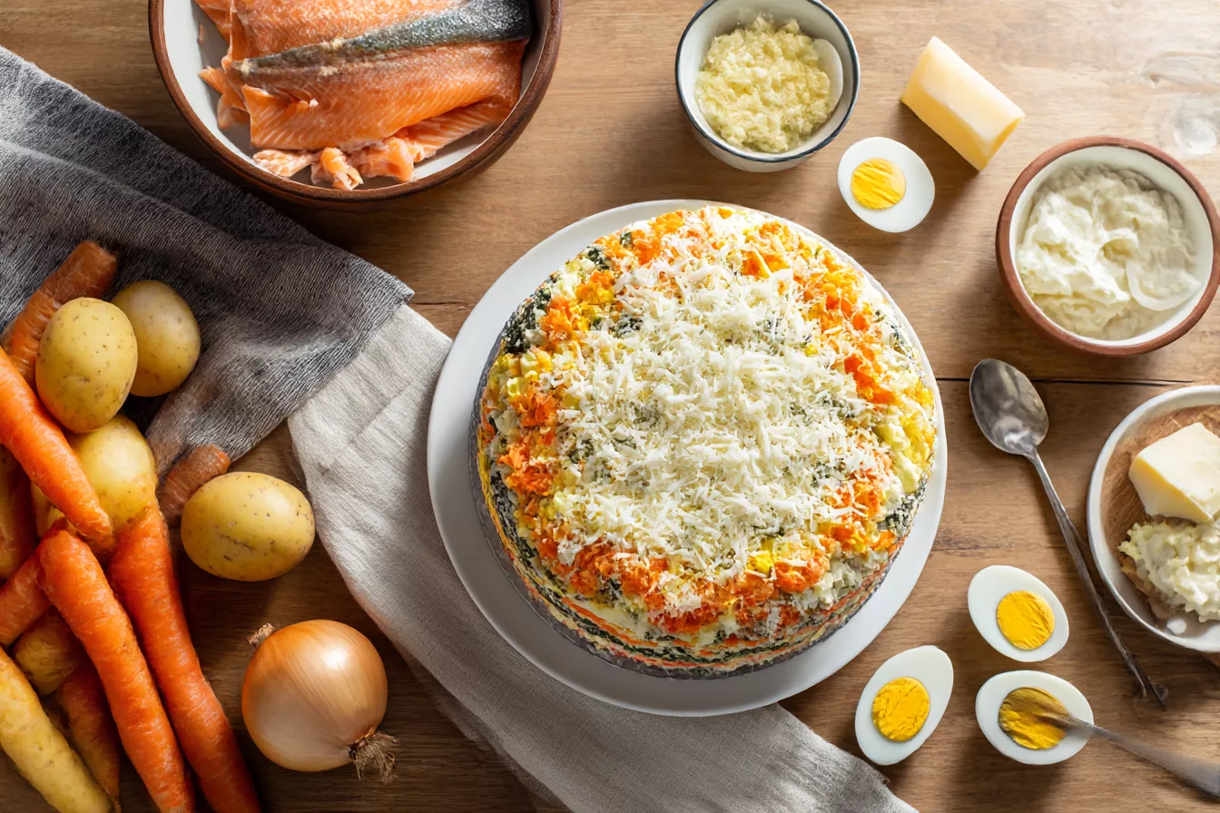 Шеф-повар Илья Лазерсон собирает праздничную «Мимозу» — и она выглядит как салат-тортик