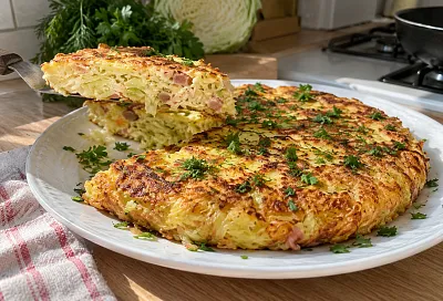 Сытный омлет с капустой, колбасой и сыром: завтрак за 15 минут